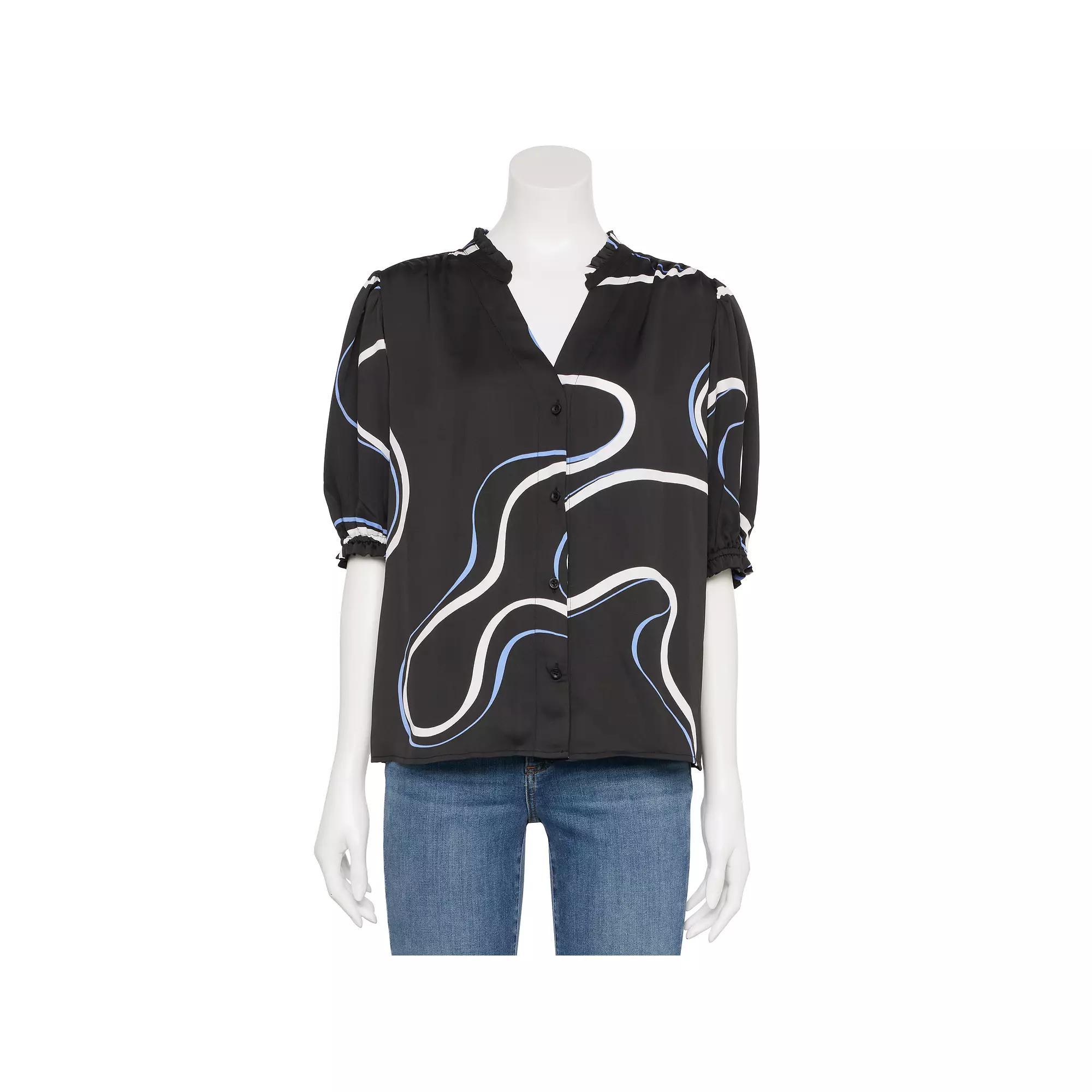 Women's Nine West Adaptive Short Sleeve Button Down Ruffle Shirt,  Product Image