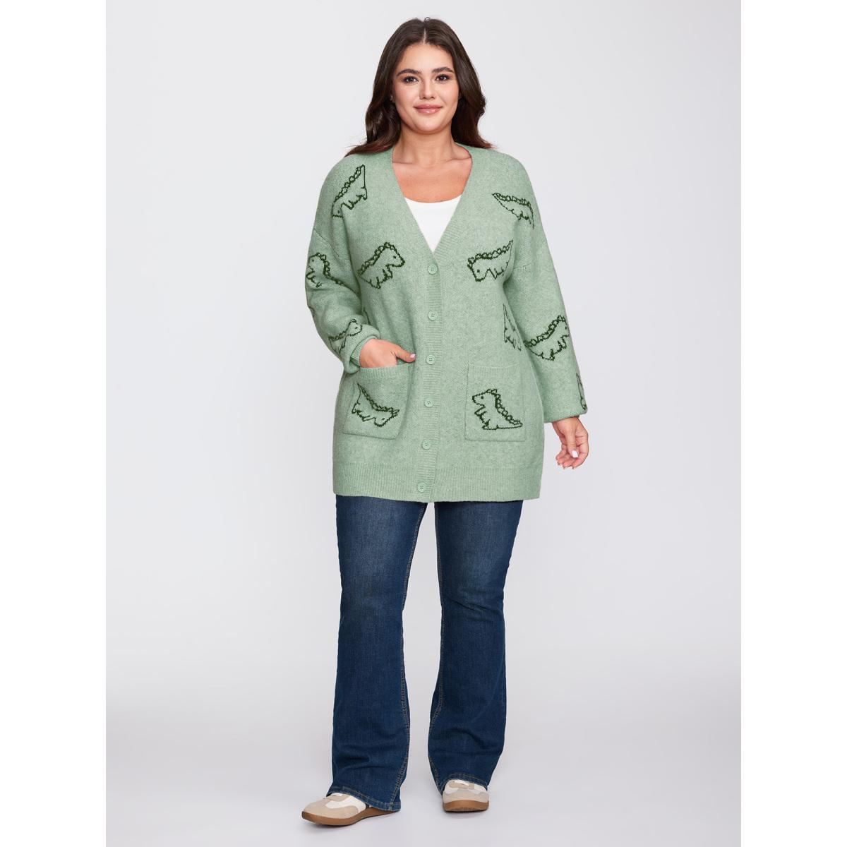 Plus Size Jacquard Dinosaur Print Knit Cardigan Greenbean Women Playful Loose Long Sleeve Casual Cardigans BloomChic 30/6X Product Image