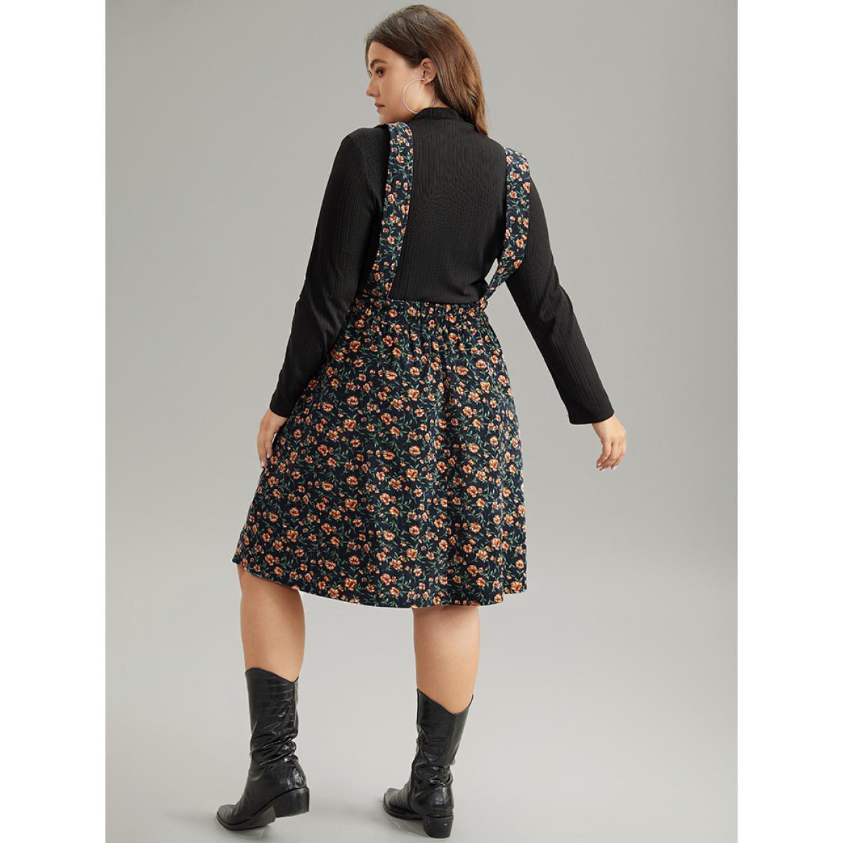 Plus Size Corduroy Ditsy Floral Pocket Adjustable Straps Dress Indigo Women Casual Adjustable Straps Spaghetti Strap Sleeveless Curvy Knee Dress BloomChic 18-20/2X Product Image