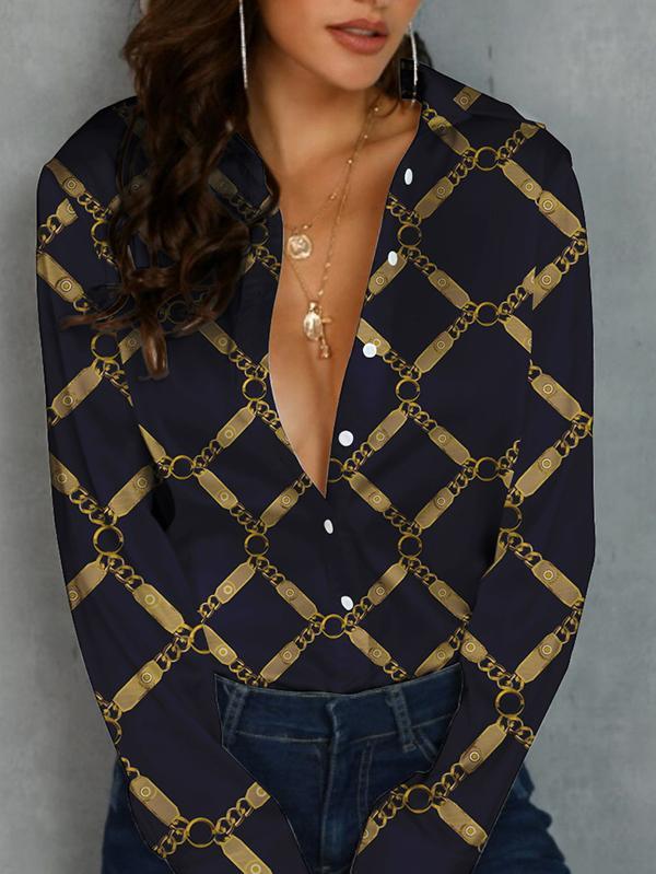 Long Sleeves Loose Buttoned Printed Lapel Blouses&Shirts Tops Product Image