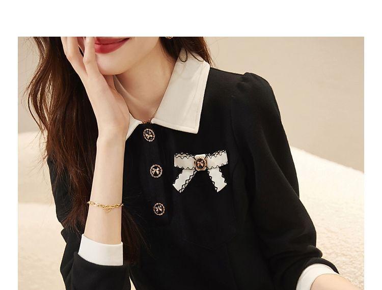 Long-Sleeve Collar Henley Two Tone A-Line Dress Product Image