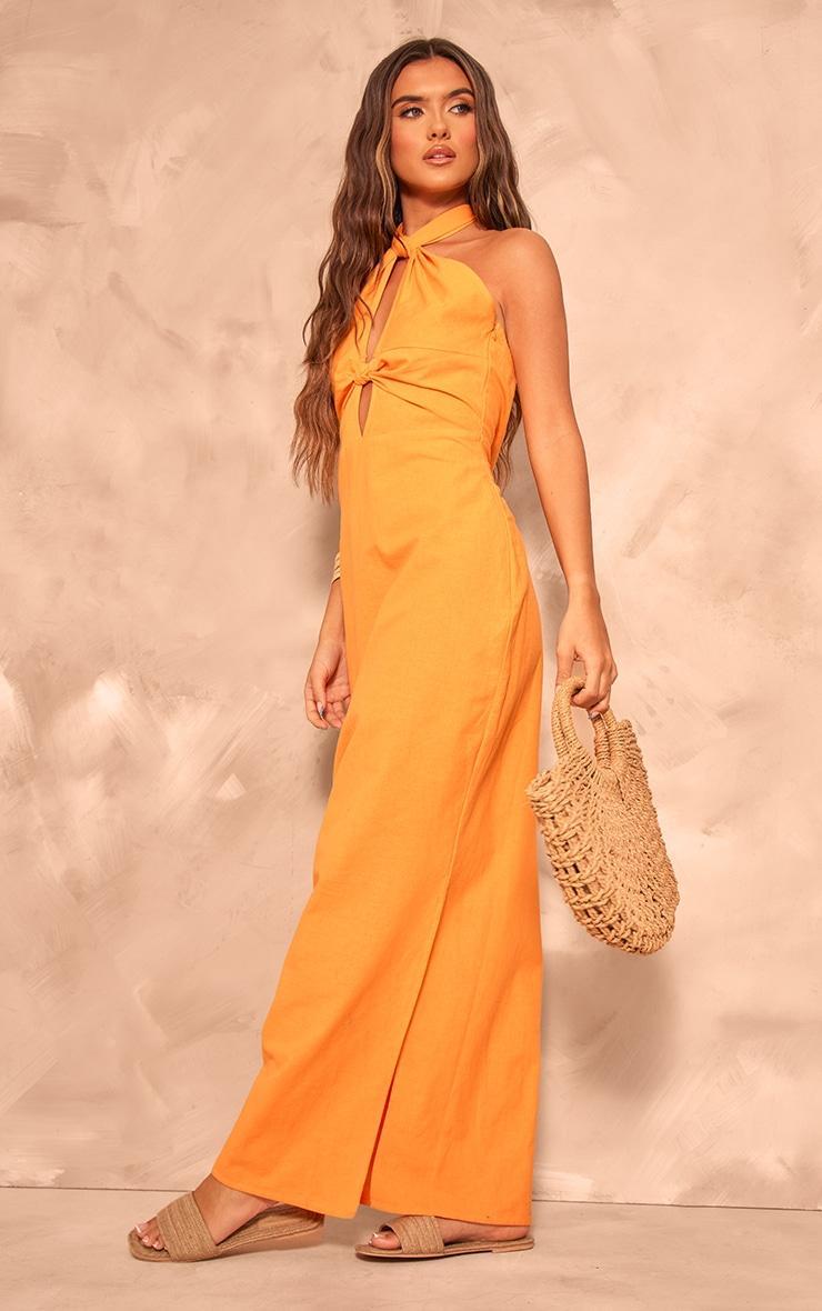 Orange Linen Look Knot Halterneck Maxi Dress Product Image