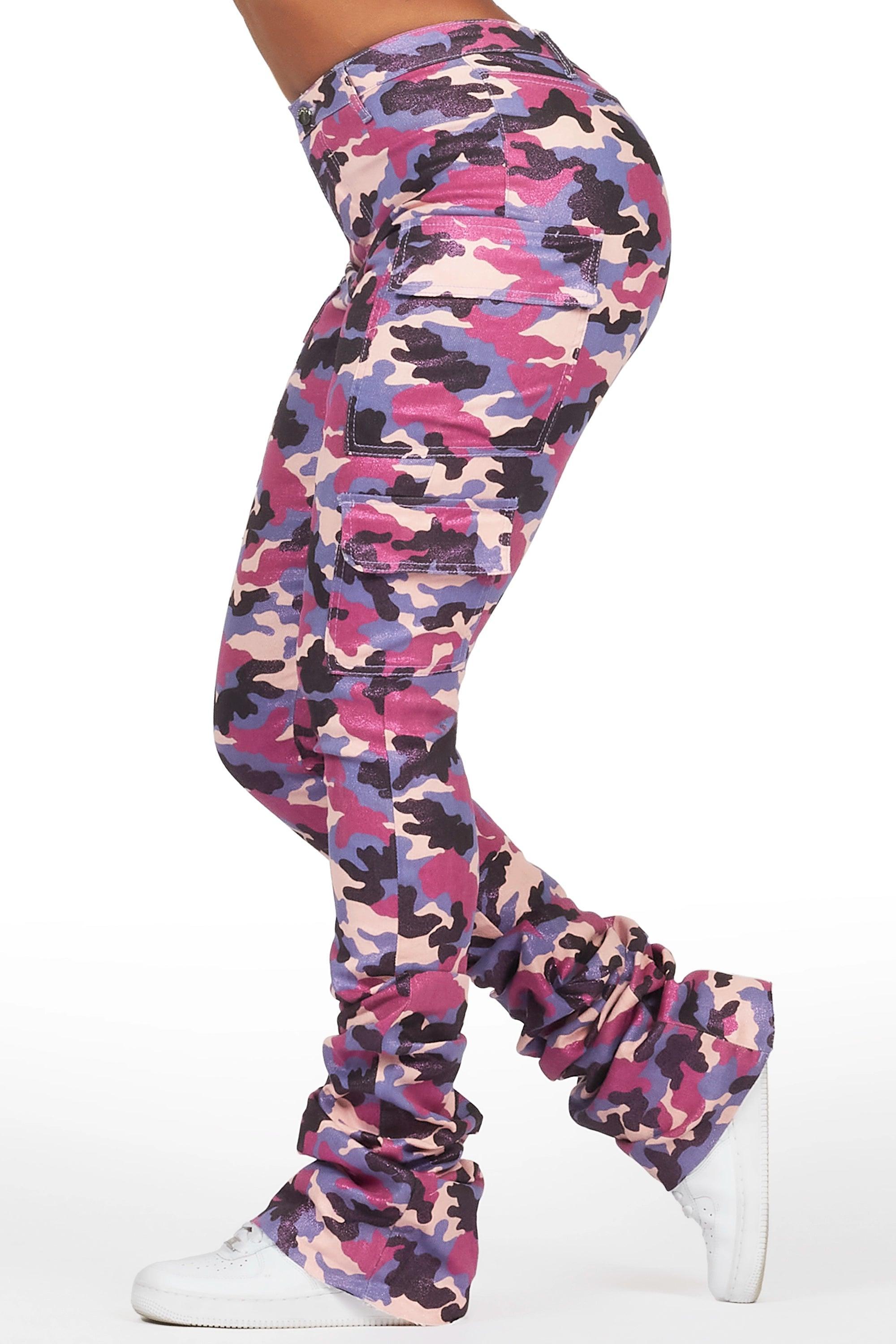 Alaysha Purple Camo Cargo Super Stacked PU Pant Female Product Image