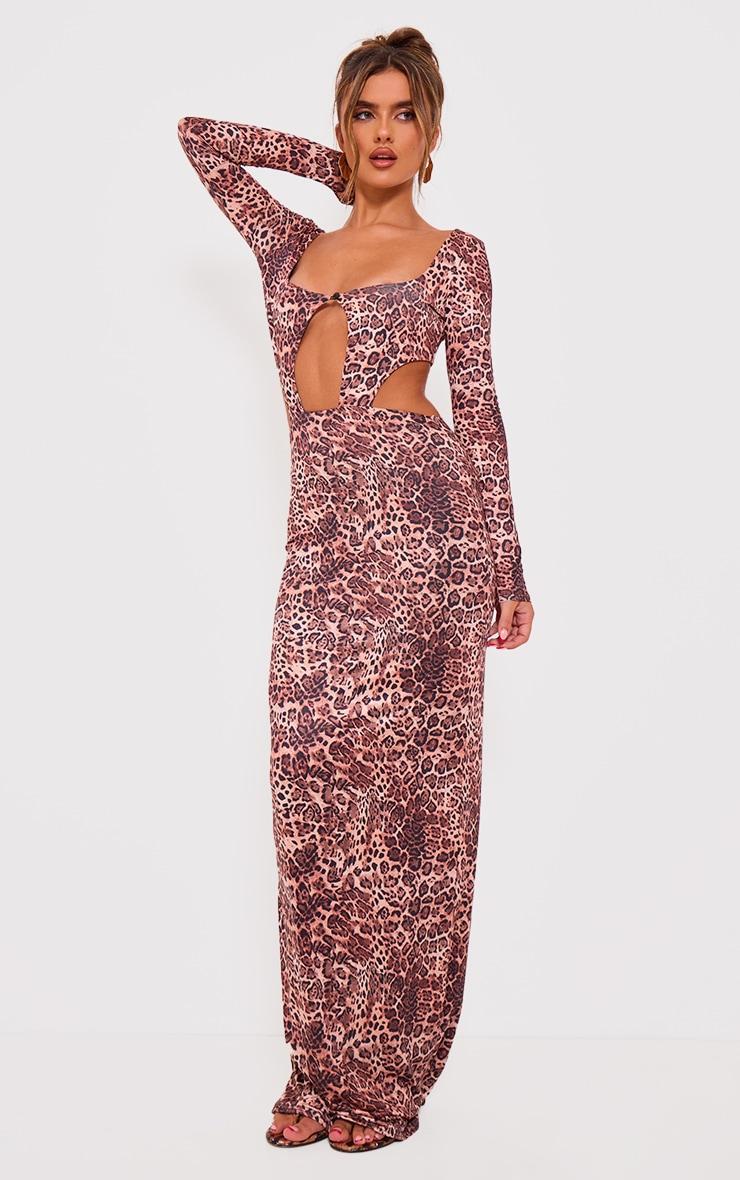 Leopard Printed Double Layer Slinky Long Sleeve Midaxi Dress Product Image