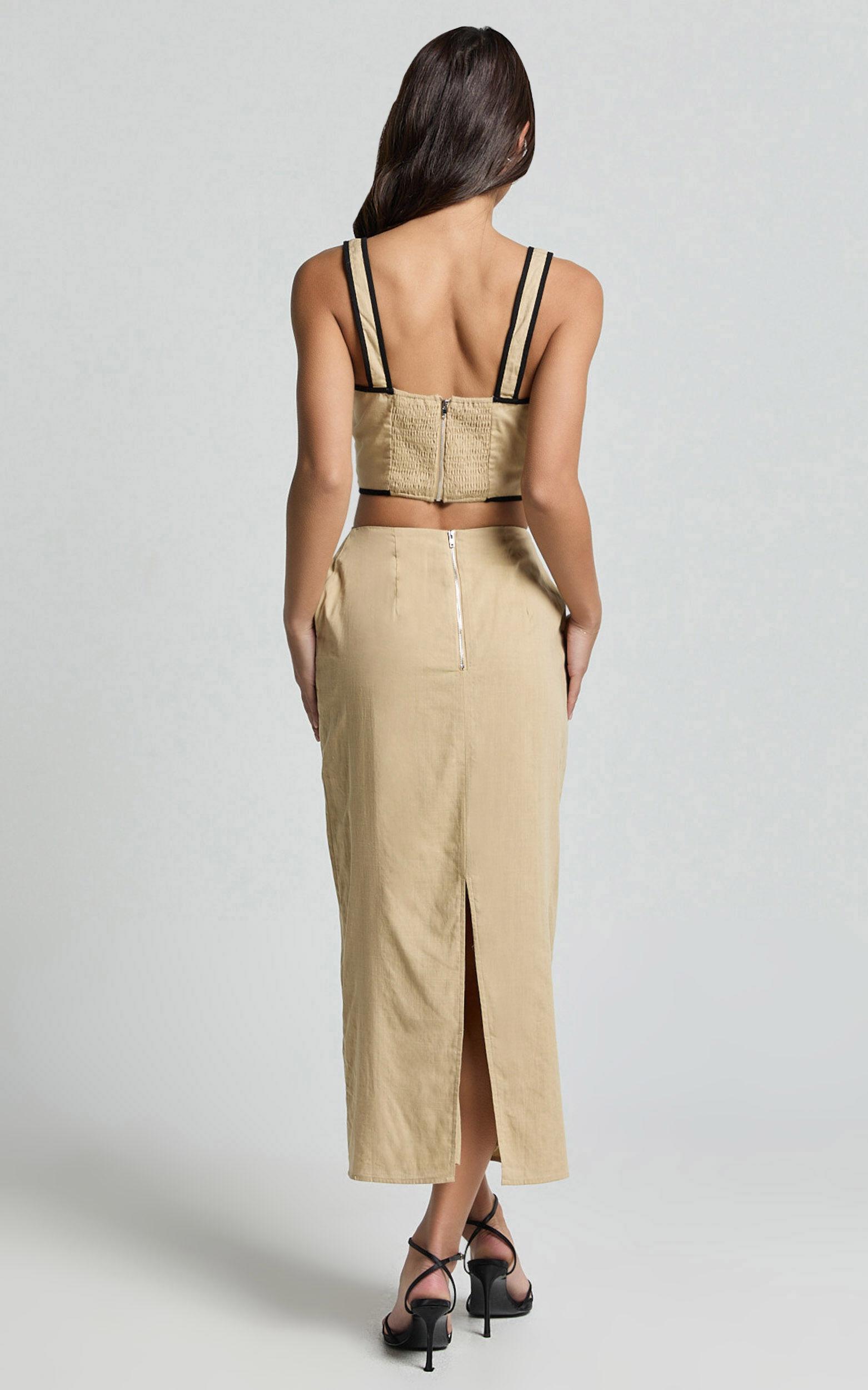 Rita Two Piece Set - Linen Look Contrast Crop Top and Pencil Midi Skirt Set in Sand/Black Product Image