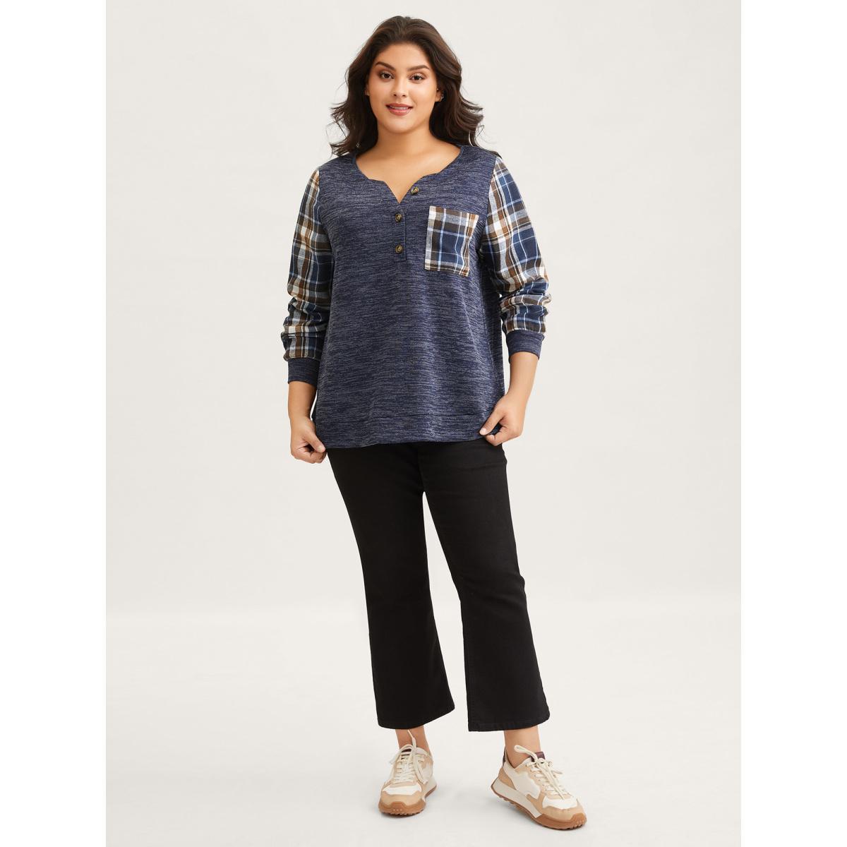 Plus Size Plaid Sleeve Button Up Patchwork Sweatshirt Women Indigo Leisure Contrast Notched collar Casual Sweatshirts BloomChic 18-20/2X Product Image