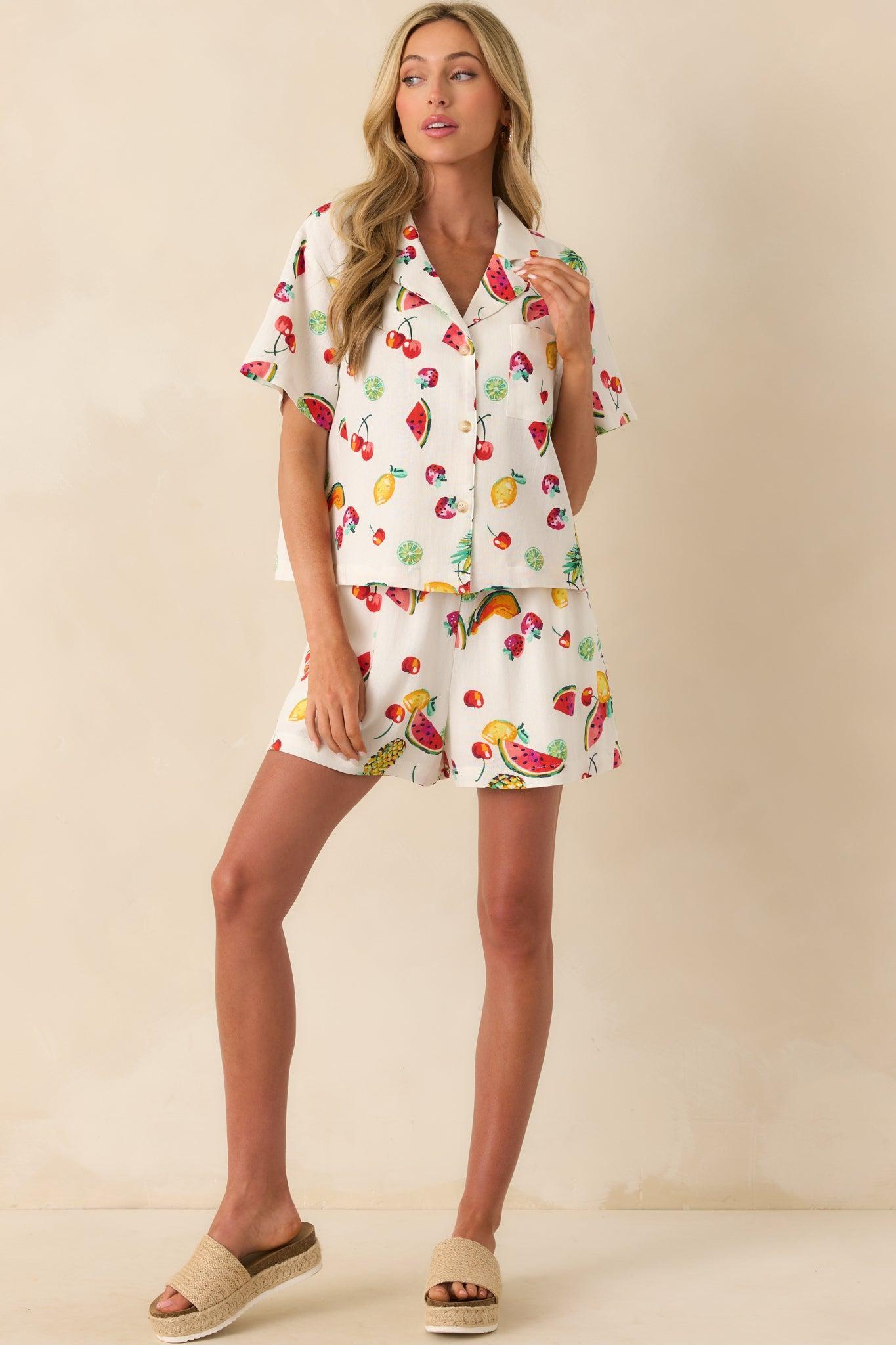 It's All Good Ivory Multi Fruit Print High Waisted Drawstring Shorts Product Image