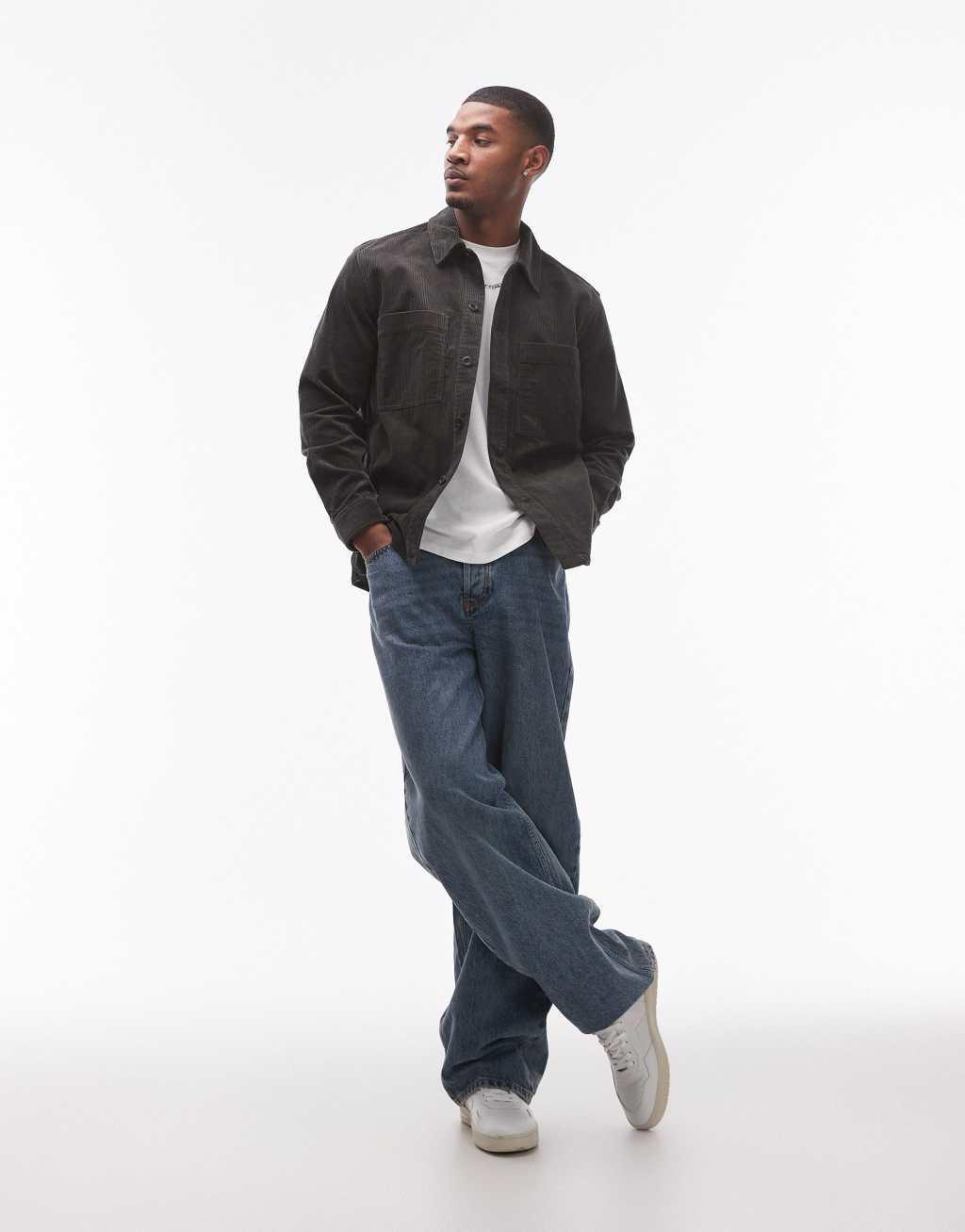 ARKET cord overshirt with front patch pockets in dark khaki Product Image