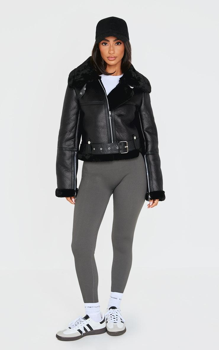 Petite Black Faux Leather Aviator Jacket Product Image