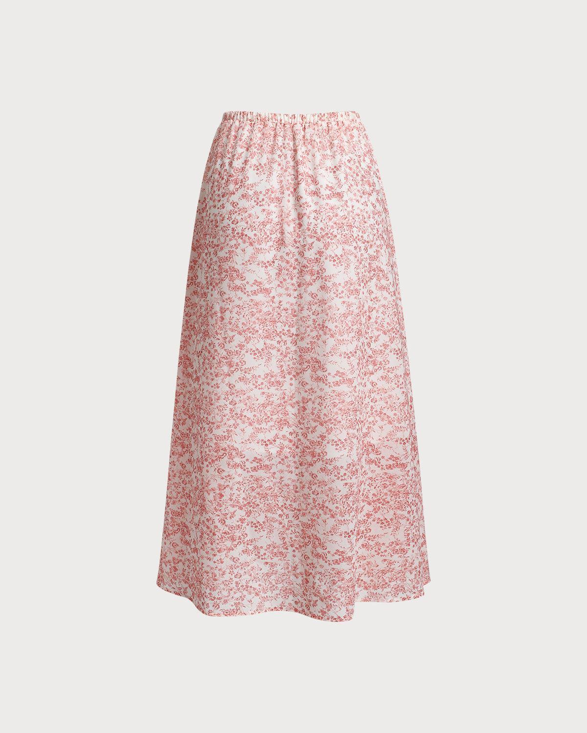 Pink Floral Elastic Waist Flared Skirt Product Image