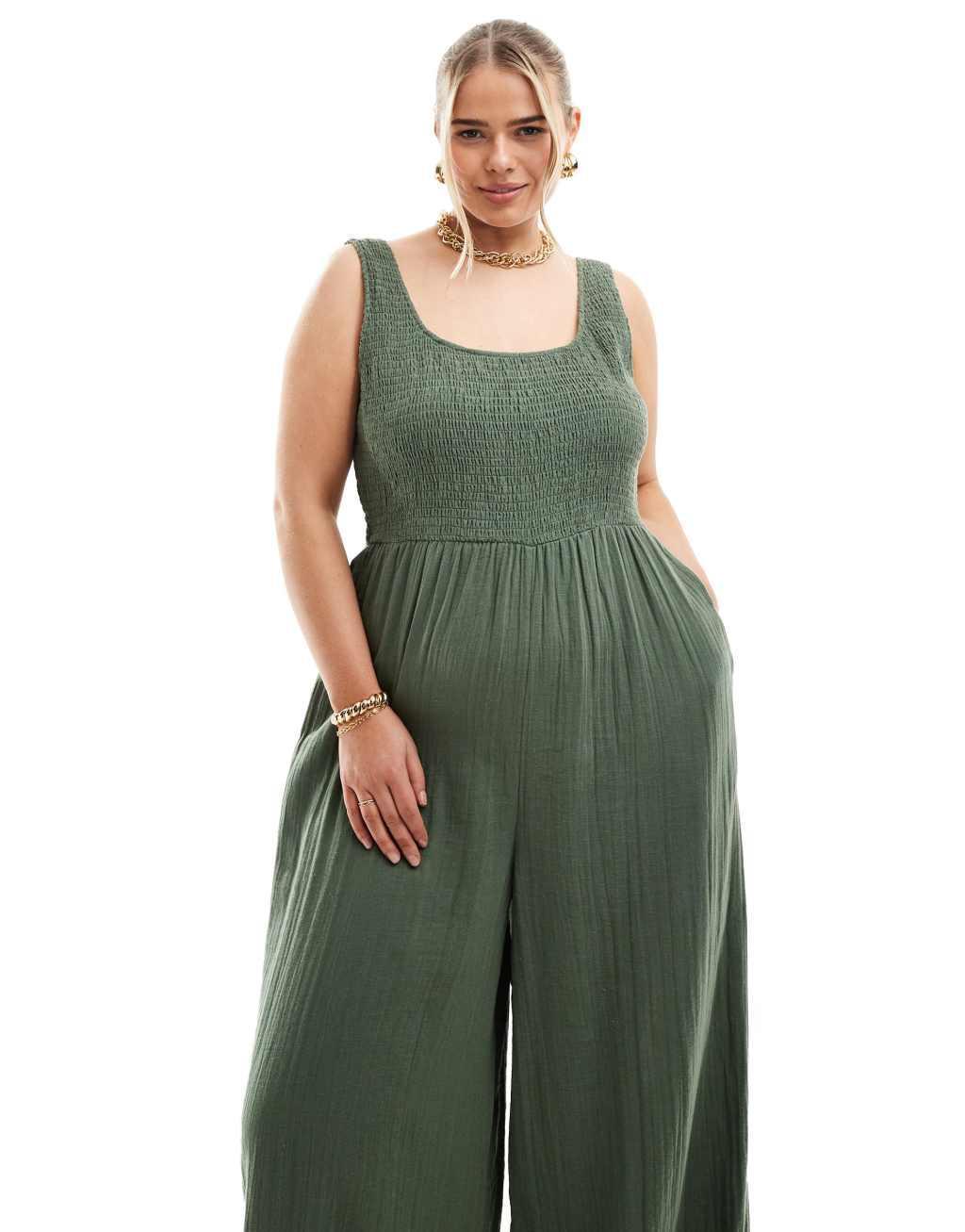 ASOS DESIGN Curve scoop neck wide leg jumpsuit in khaki Product Image