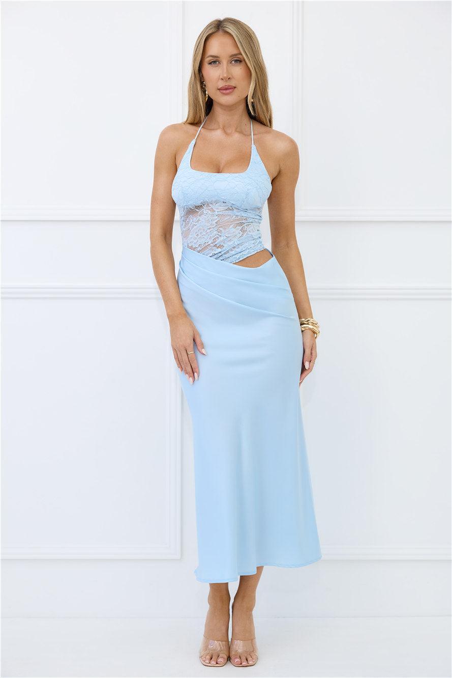 Radiate Positivity Halter Lace Maxi Dress Blue Product Image
