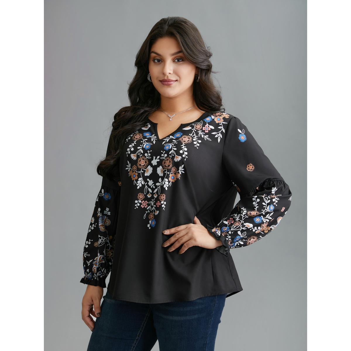 Plus Size Black Floral Puffy Sleeve V-Neck Blouse Women Elegant Long Sleeve Notched collar Everyday Blouses BloomChic 22-24/3X Product Image