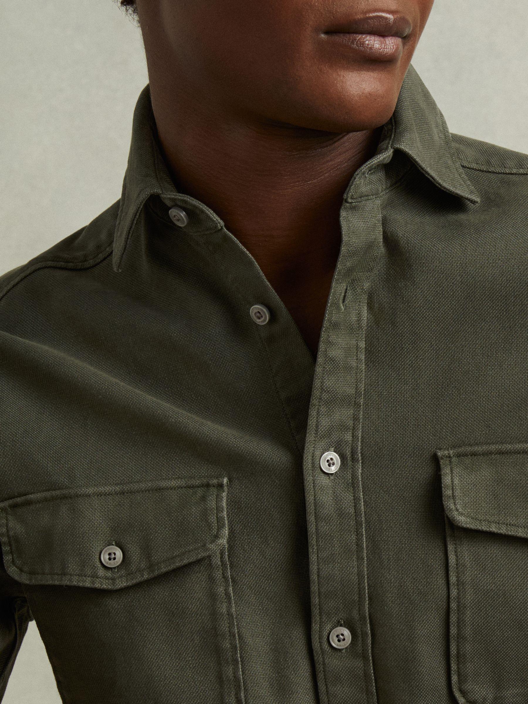 Cotton Blend Canvas Overshirt in Khaki Green Product Image