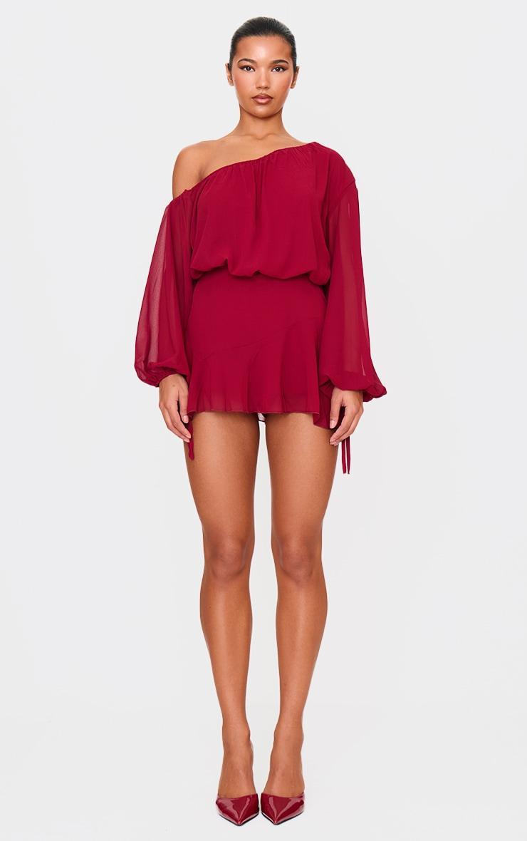 Burgundy Chiffon One Shoulder Floaty Skort Romper Product Image