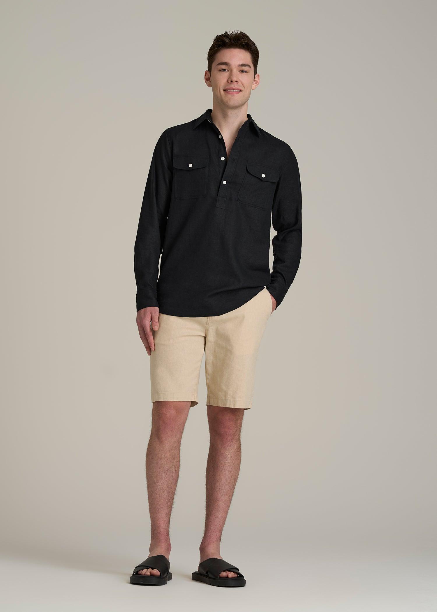 Linen Popover Shirt for Tall Men in Black Male Product Image