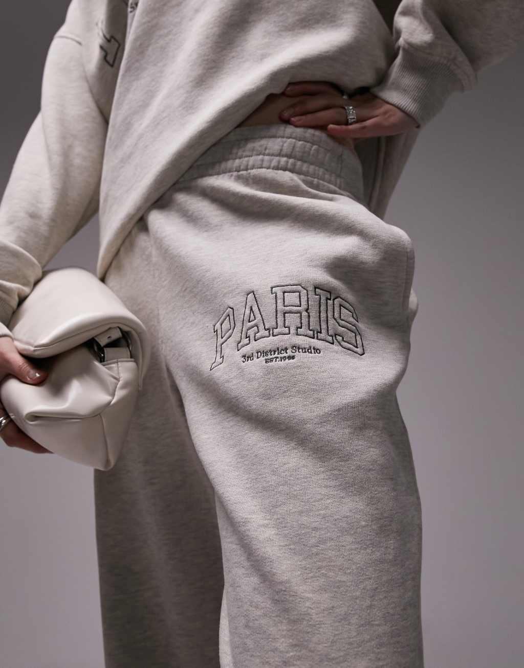 Topshop graphic Paris embroidered sweatpants in oat - part of a set Product Image