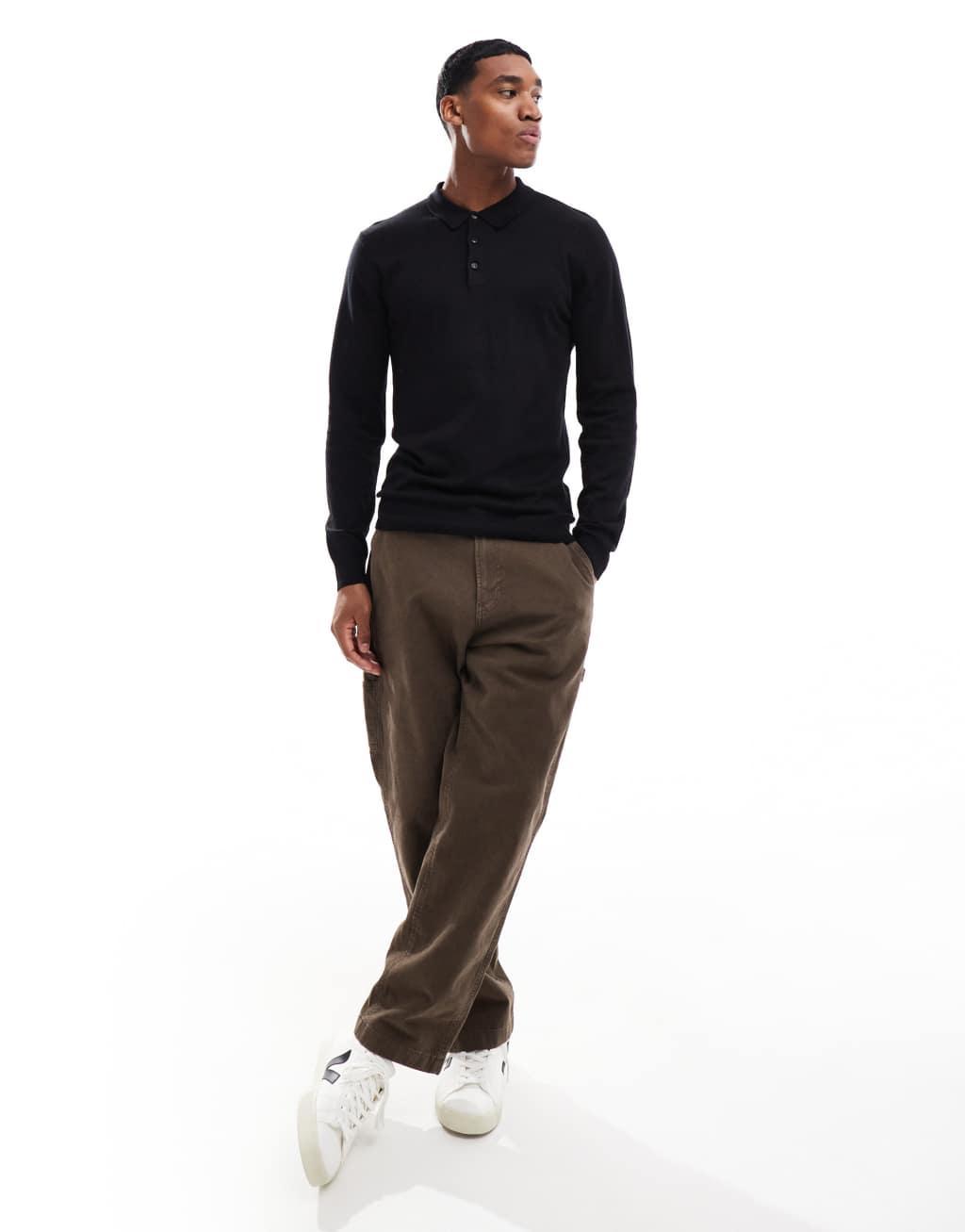 French Connection soft touch polo sweater in black Product Image