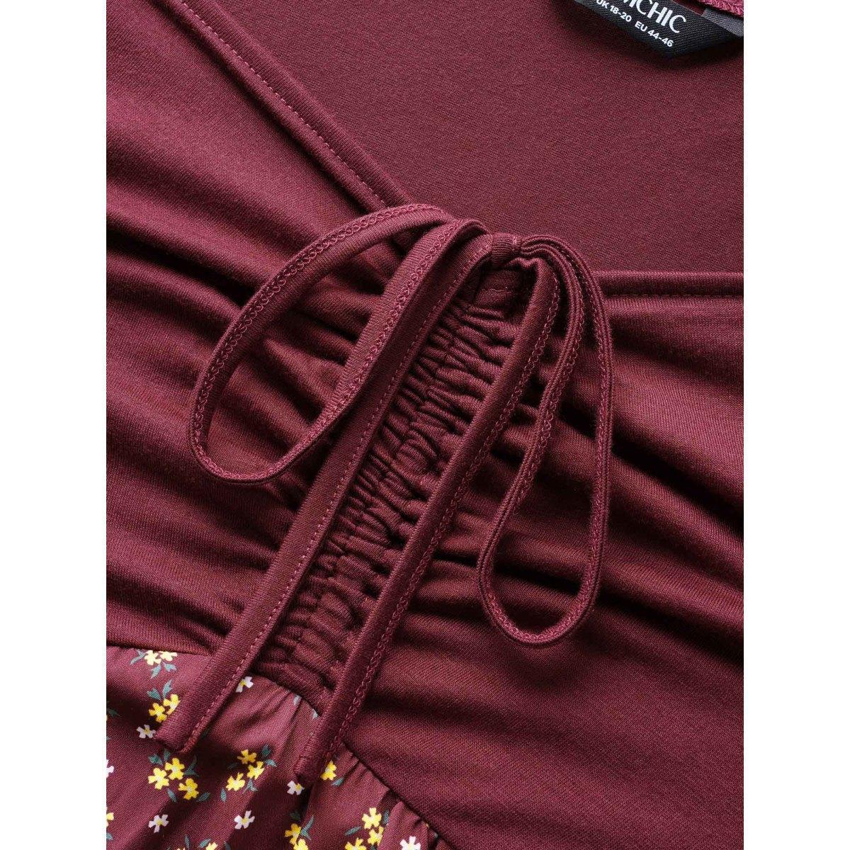 Plus Size Ditsy Floral Patchwork Ruffle Layered Hem Dress Burgundy Women Elegant Patchwork Heart neckline Short sleeve Curvy BloomChic 28/5X Product Image