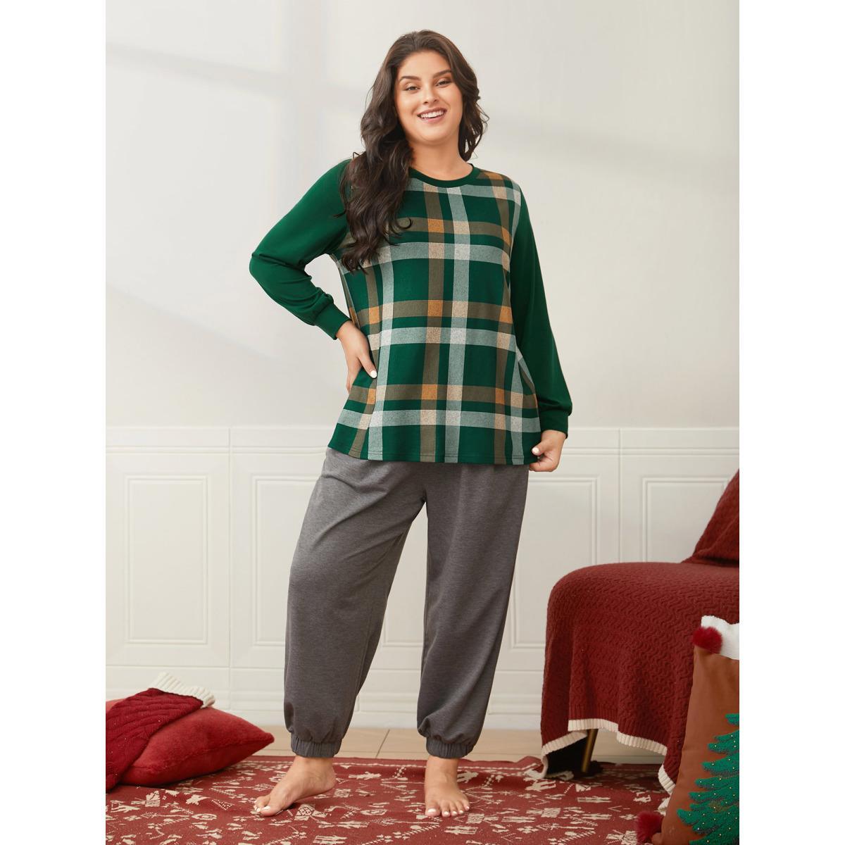 Plus Size Plaid Patchwork Solid Long-Sleeves Tee DarkGreen Women Casual Contrast Round Neck Everyday T-shirts BloomChic 10/M Product Image