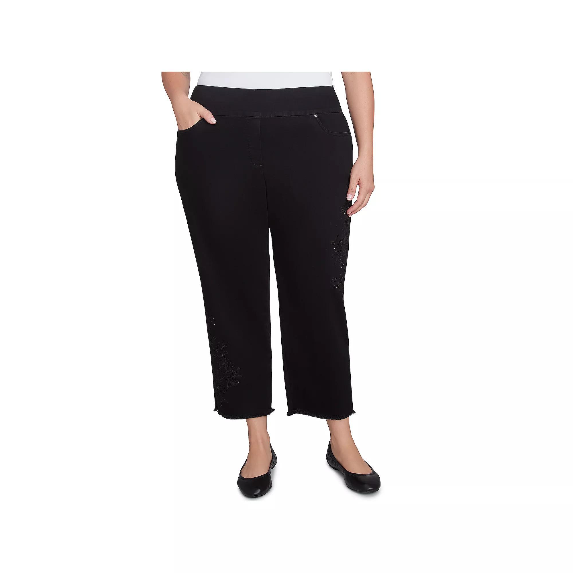 Plus Size Alfred Dunner Embroidered Floral Denim Fringe Ankle Pants, Women's, Size: 22 W, Black Product Image