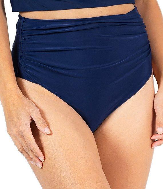 Janela Bay Solid Navy Shirring High Cut Seamless High Waist Swim Bottom Product Image