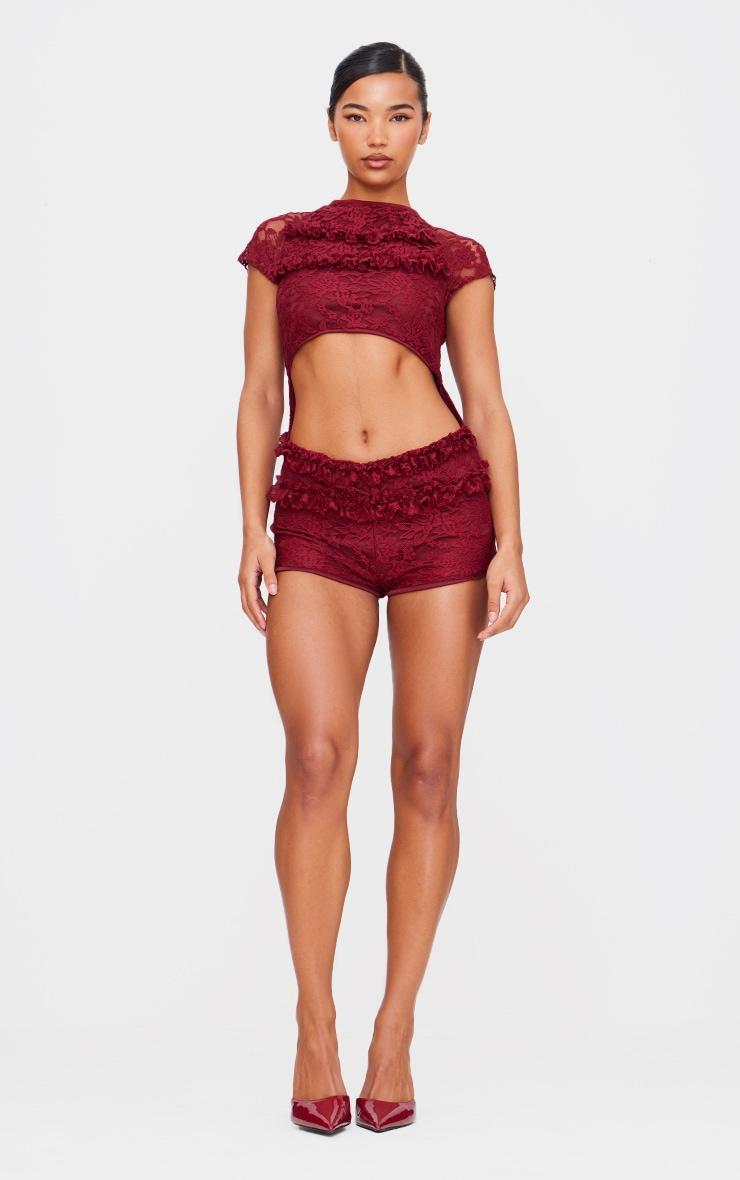 Burgundy Lace Ruffle Detail Cut Out Rara Skort Romper Product Image