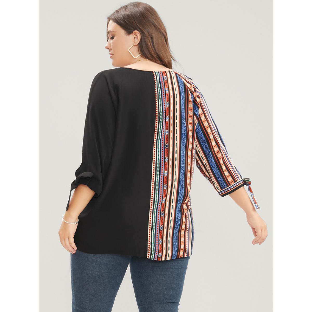 Plus Size Black Striped Geometric Patchwork Knotted Sleeve Blouse Women Vacation Elbow-length sleeve V-neck Dailywear Blouses BloomChic 12/L Product Image