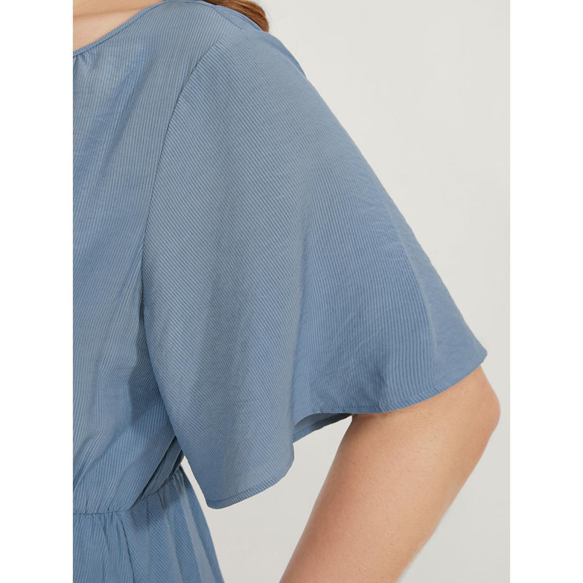 Plus Size Solid Keyhole Round Neck Pocket Ruffle Trim Rib Knit Dress Stone Women Elegant Cut-Out V-neck Short sleeve Curvy Midi Dress BloomChic 10/M Product Image