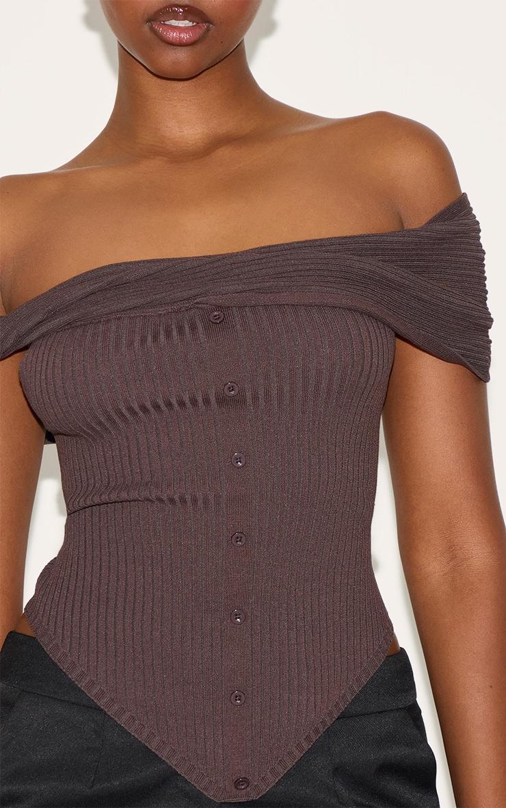 Chocolate Rib Knit Twist Bardot Button Through Top Product Image