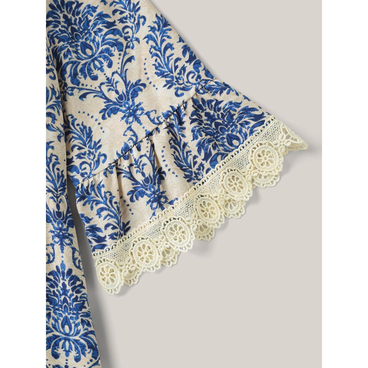 Plus Size Damask Print Lace Detail Midi Dress Mediumblue Women Woven ribbon&lace trim V-neck Elbow-length sleeve Curvy BloomChic 10/M Product Image