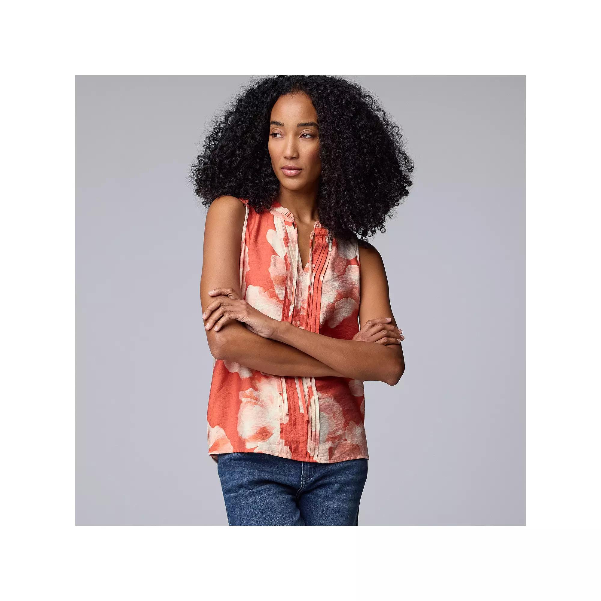 Women's Simply Vera Vera Wang Tie-Front Pintuck Sleeveless Shell Top, Size: XXL, Orange Floral Product Image