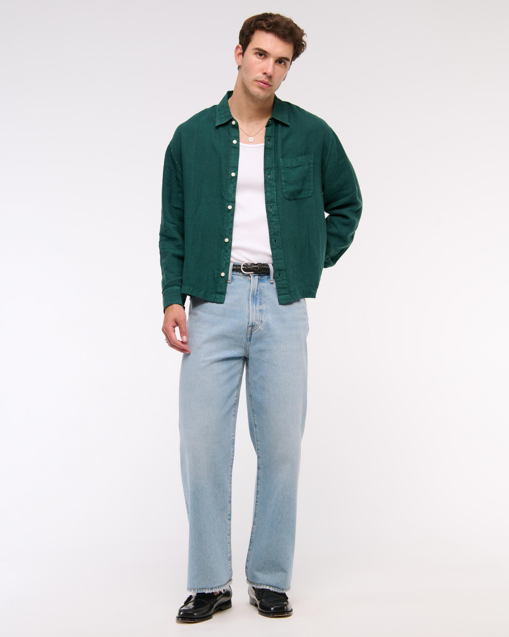 Cropped Linen Button-Up Shirt Product Image