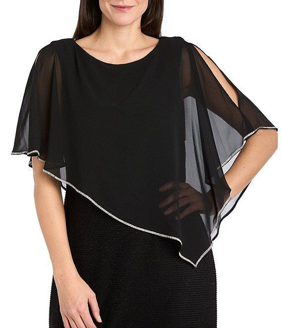 R & M Richards Crew Neck Short Sleeve Poncho Metallic Trim Overlay Popover Gown Product Image