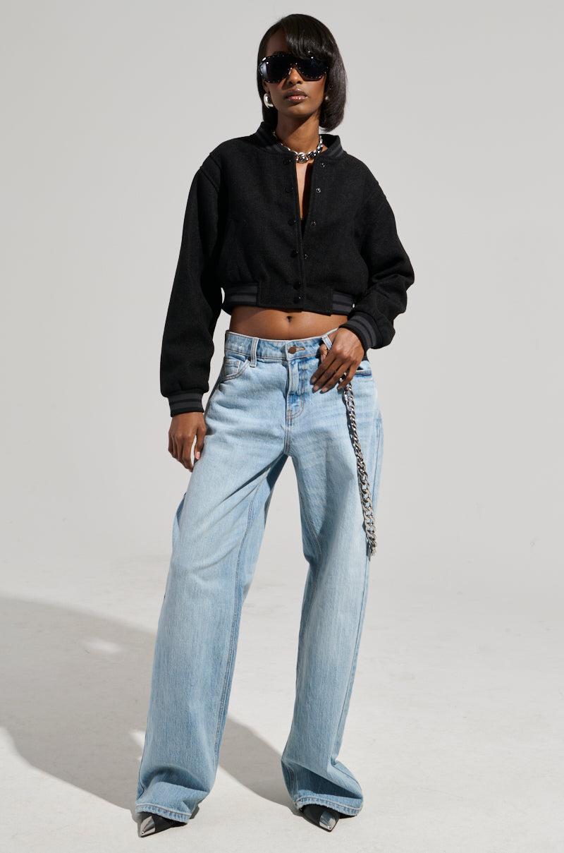 DAVIS EVERYDAY CROPPED VARSITY BOMBER IN BLACK Product Image