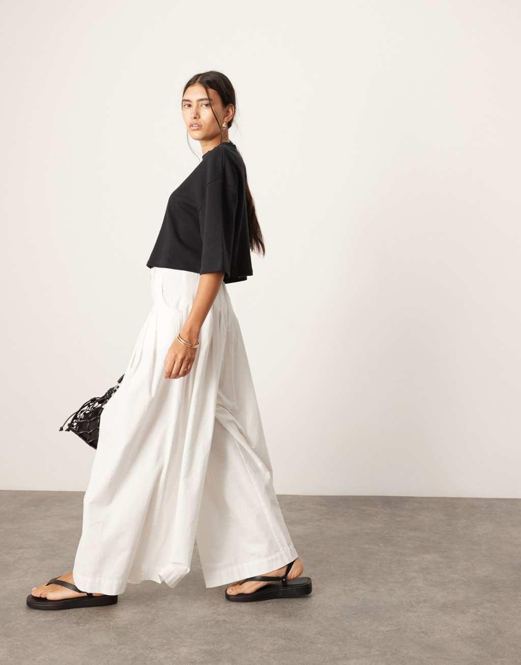 ASOS EDITION ultra wide leg linen mid rise pleat front pants in white Product Image