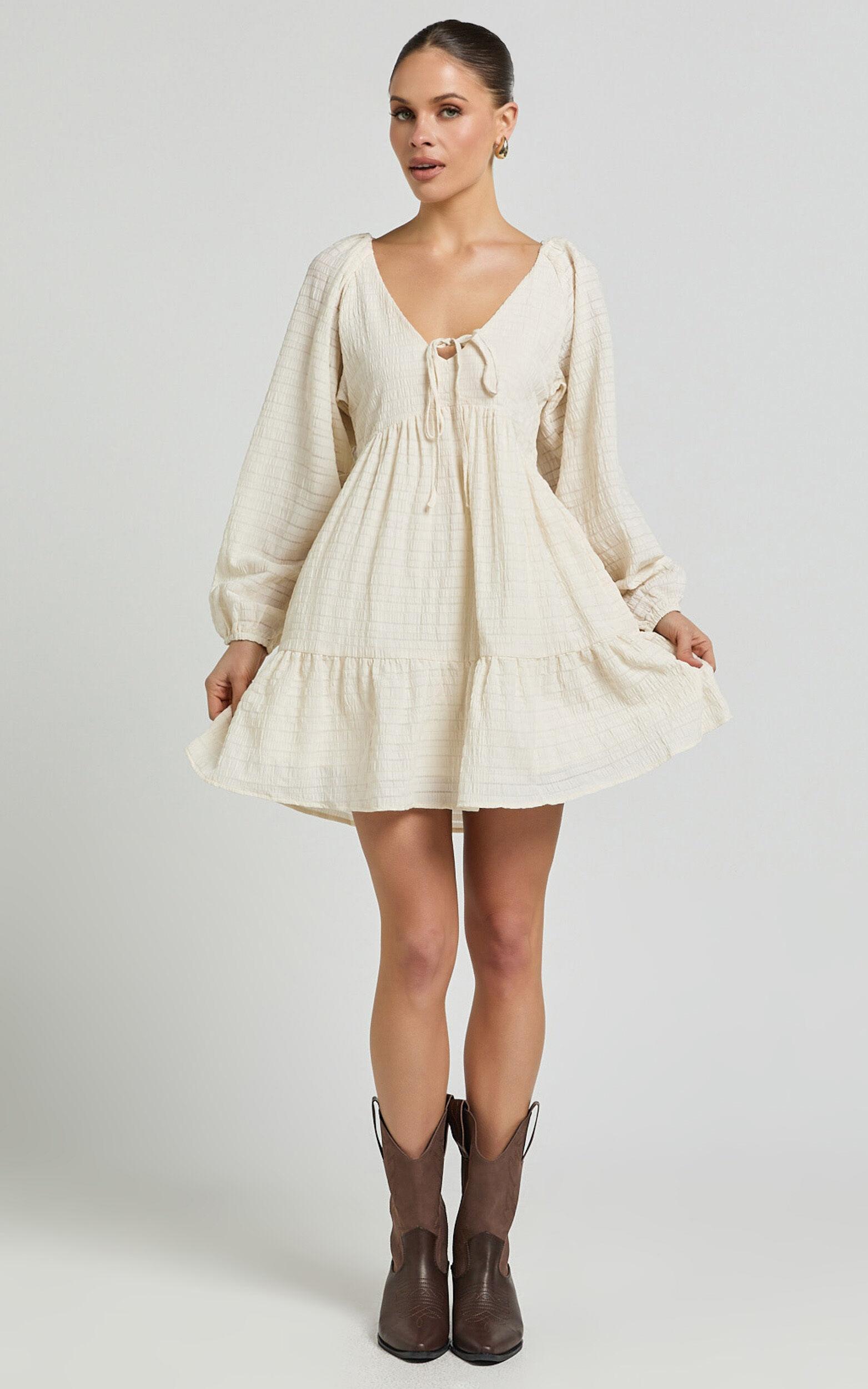 Chaney Mini Dress - Long Sleeve Tie Front Smock Dress in Ivory Product Image