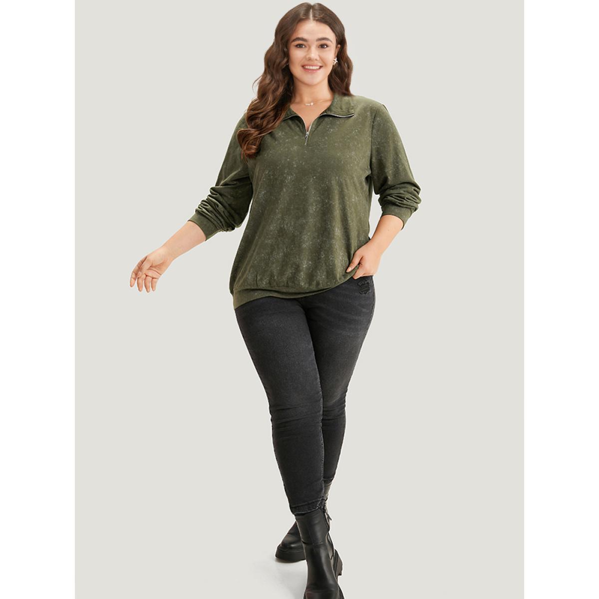 Plus Size Lapel Collar Zipper Elastic Hem Sweatshirt Women ArmyGreen Casual Elastic cuffs Lapel Collar Dailywear Sweatshirts BloomChic 26/4X Product Image