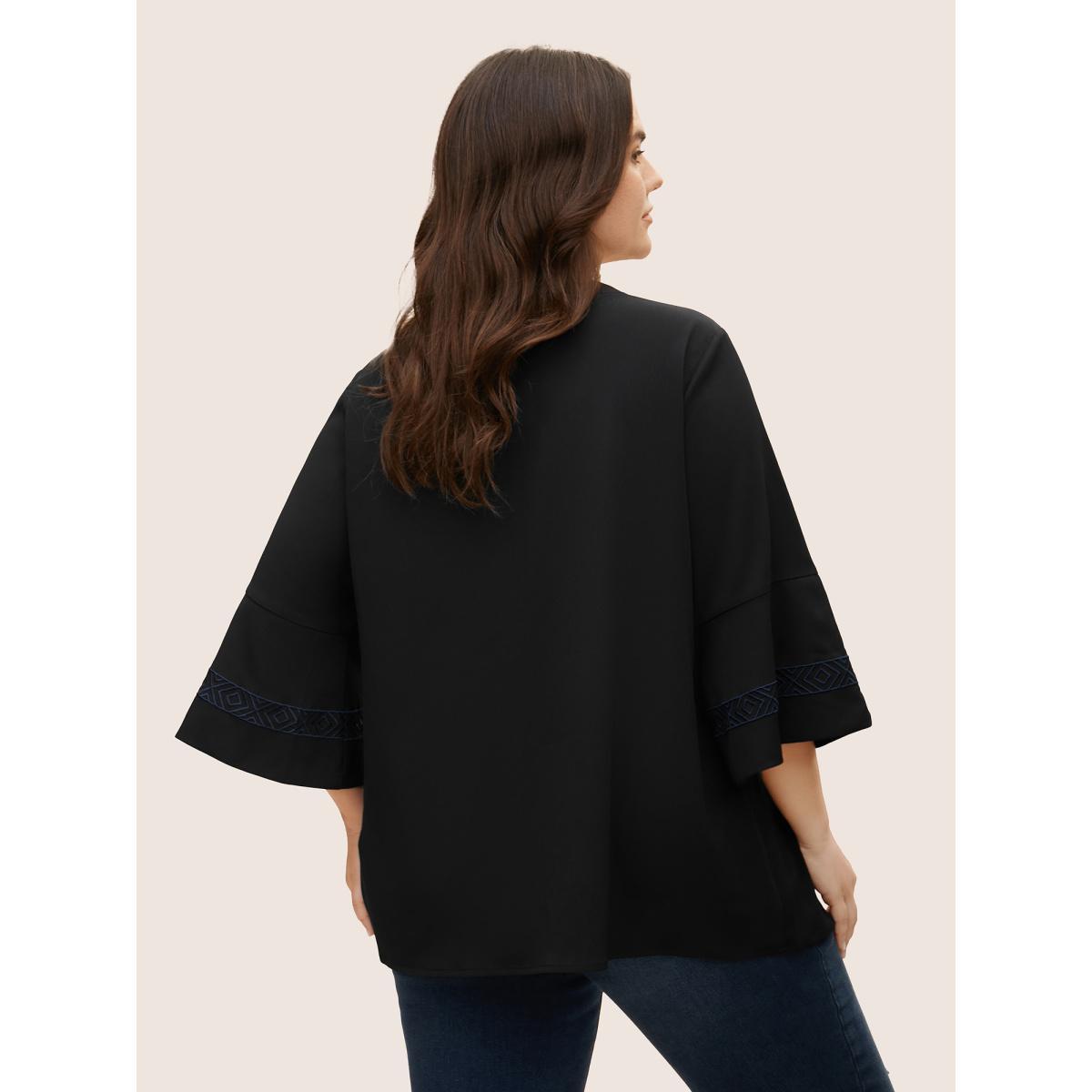 Plus Size Black Boho Print Embroidered Gathered Notched Blouse Women Resort Half Sleeve Flat collar with V-notch Vacation Blouses BloomChic 30/6X Product Image
