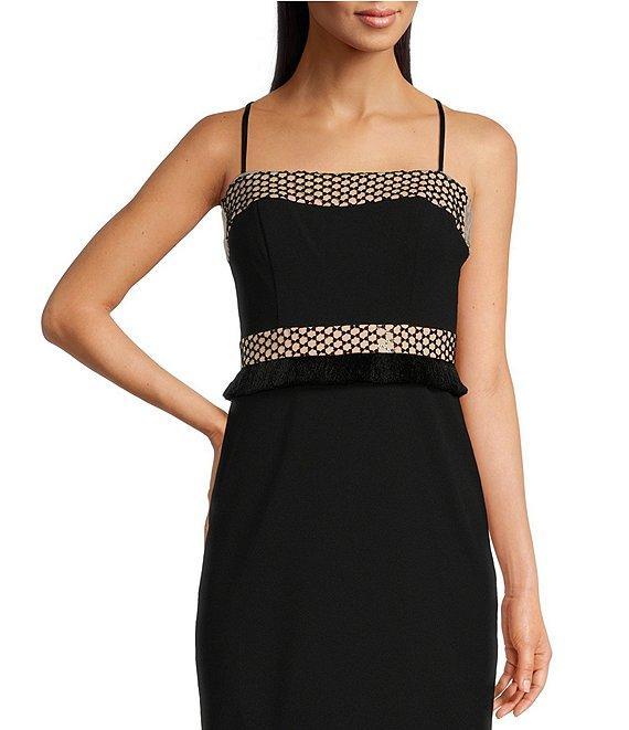 Adrianna by Adrianna Papell Crepe Metallic Net Fringe Square Neck Sleeveless Dress Product Image
