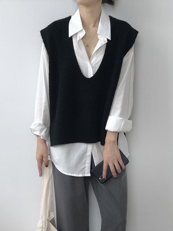 Knitting Irregularity Solid V-Neck Vest Product Image