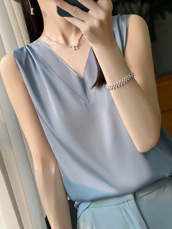 Loose Sleeveless Solid Color V-Neck Vest Top Product Image