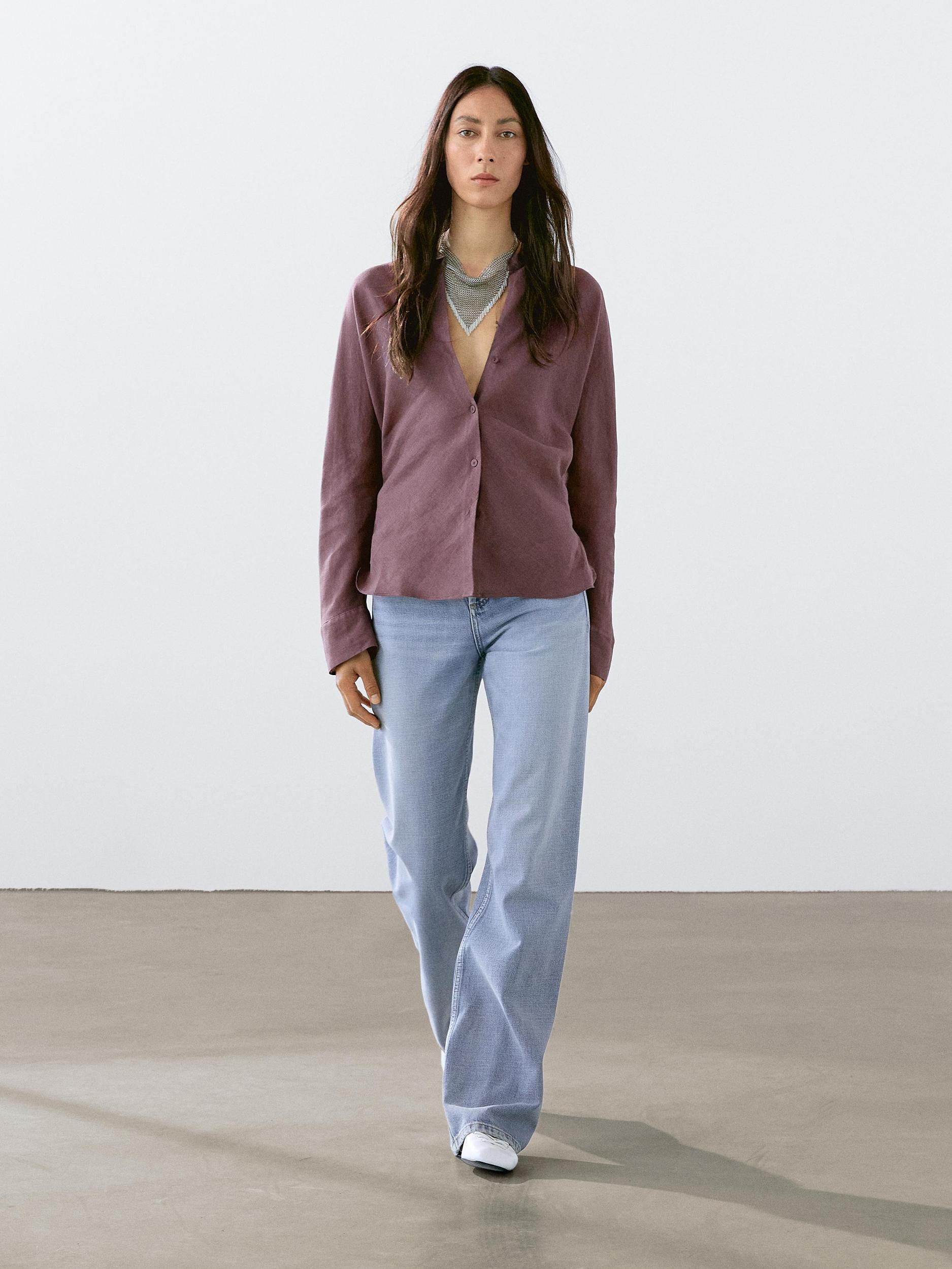 Flowing linen shirt with stand collar Product Image