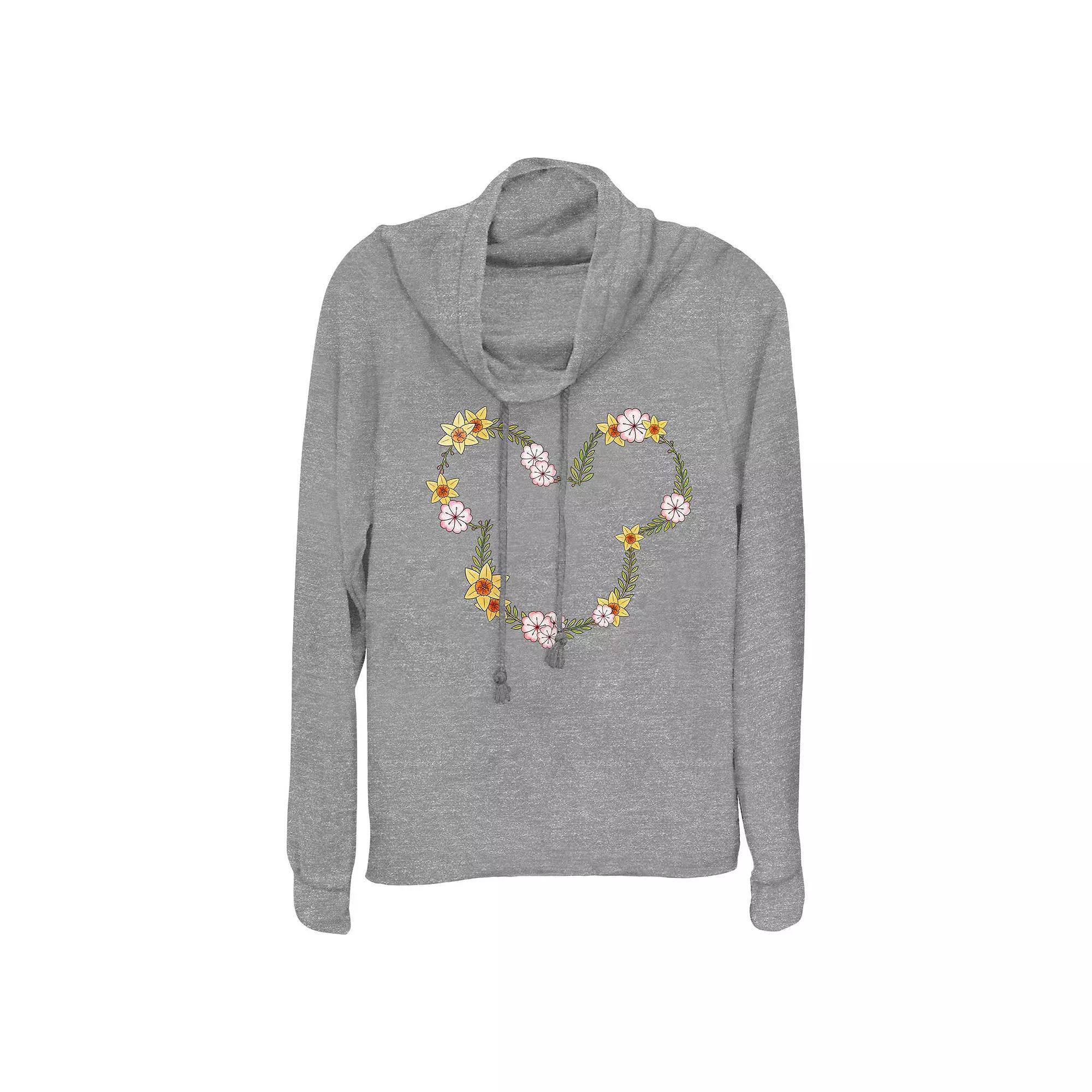 Disney's Mickey Mouse Floral Wreath Women's Cowlneck Graphic Lightweight Long Sleeve, Size: Small, Gray Grey Product Image