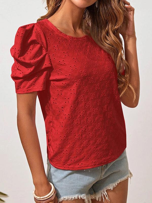 Loose Short Sleeves Hollow Pleated Solid Color Round-Neck T-Shirts Tops Product Image