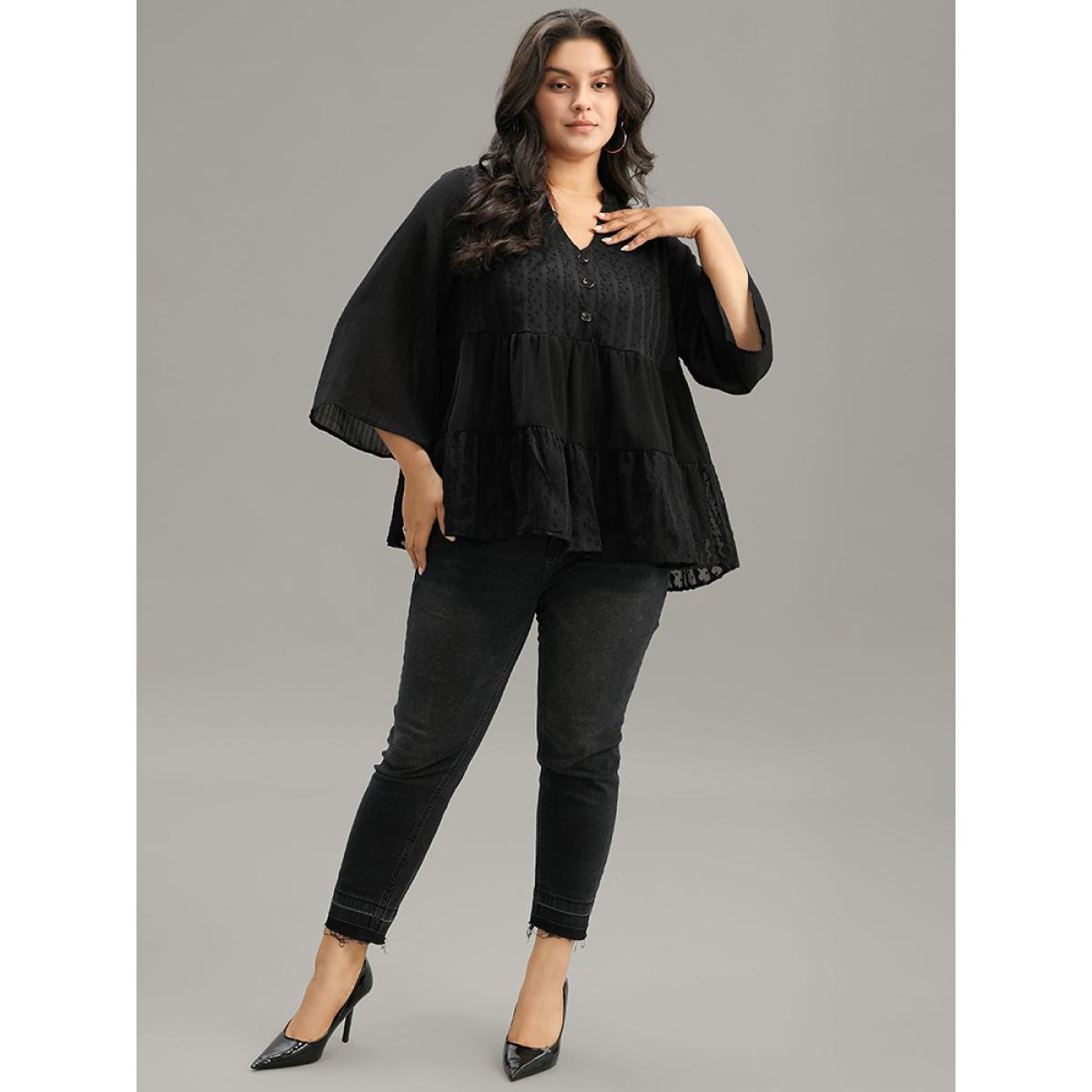Plus Size Black Plain Textured V Neck Elastic Waist Ruffle Hem Blouse Women Elegant Elbow-length sleeve V-neck Dailywear Blouses BloomChic 10/M Product Image
