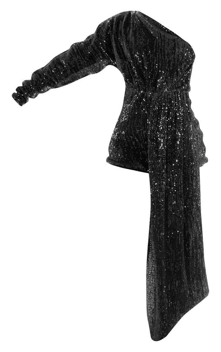 Black Sequin Drape Detail One Sleeve Romper Product Image