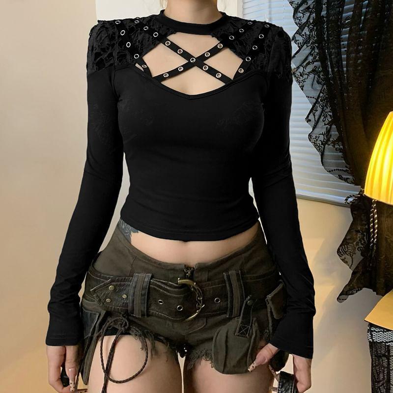 Long Sleeve Cut-Out Distressed Slim-Fit Crop Top Product Image