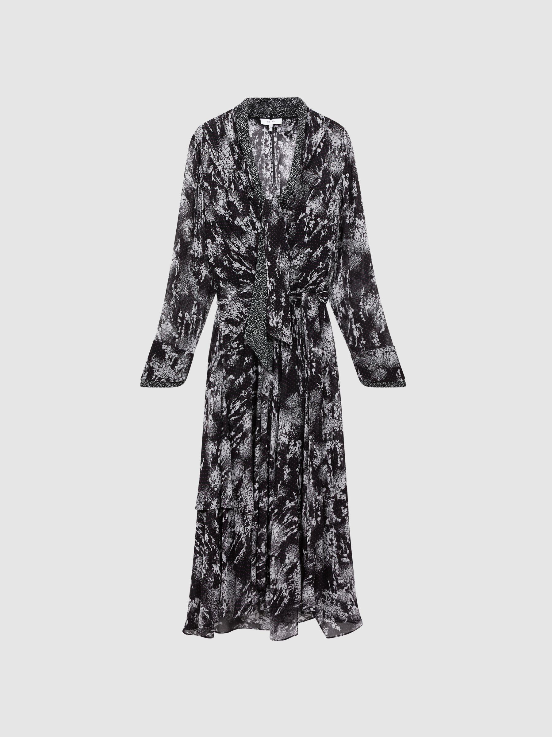 Belted Ruffle Printed Midi Dress in Black Product Image