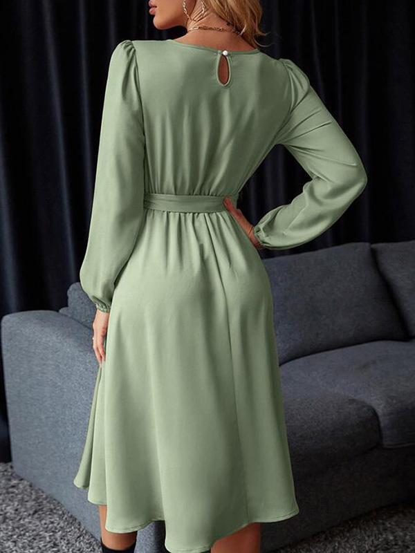 Loose Puff Sleeves Elasticity Pleated Solid Color Split-Joint Tied Waist Round-Neck Midi Dresses Product Image